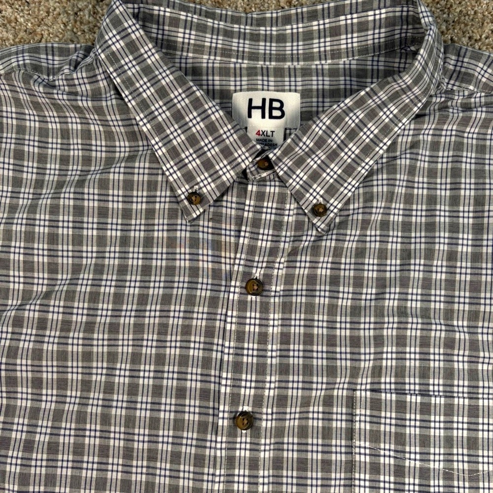 HB Button Down Shirt Mens 4XLT Plaid Short Sleeve Big & Tall Pocket Grey Blue
